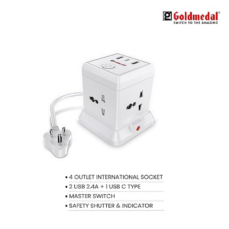 Goldmedal 360 Degree Power Strip (White) Pack Of 1, 6-Outlet International Sockets, 3-Pin 2 Meter Cable, Master Switch With Led Light Indicator And Overload Protector For Home & Office,240Volts