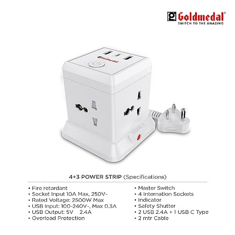 Goldmedal 360 Degree Power Strip (White) Pack Of 1, 6-Outlet International Sockets, 3-Pin 2 Meter Cable, Master Switch With Led Light Indicator And Overload Protector For Home & Office,240Volts