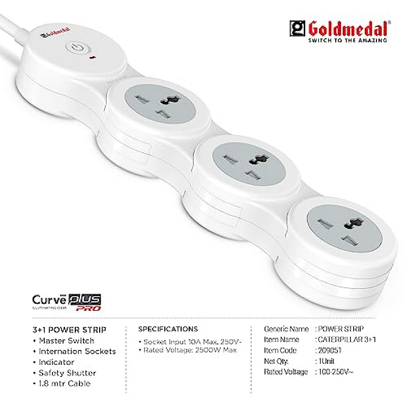 Goldmedal 360 Degree Power Strip (White) Pack Of 1, 6-Outlet International Sockets, 3-Pin 2 Meter Cable, Master Switch With Led Light Indicator And Overload Protector For Home & Office,240Volts