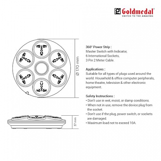 Goldmedal 360 Degree Power Strip (White) Pack Of 1, 6-Outlet International Sockets, 3-Pin 2 Meter Cable, Master Switch With Led Light Indicator And Overload Protector For Home & Office,240Volts