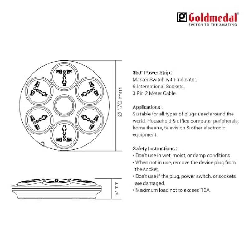 Goldmedal 360 Degree Power Strip (White) Pack Of 1, 6-Outlet International Sockets, 3-Pin 2 Meter Cable, Master Switch With Led Light Indicator And Overload Protector For Home & Office,240Volts