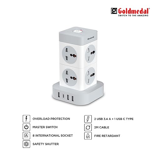Goldmedal 360 Degree Power Strip (White) Pack Of 1, 6-Outlet International Sockets, 3-Pin 2 Meter Cable, Master Switch With Led Light Indicator And Overload Protector For Home & Office,240Volts Goldmedal 360 Degree Power Strip (White) Pack Of 1, 6-Outlet International Sockets, 3-Pin 2 Meter Cable, Master Switch With Led Light Indicator And Overload Protector For Home & Office,240Volts