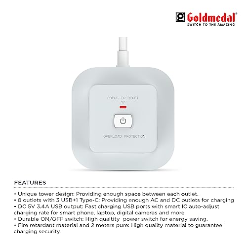 Goldmedal 360 Degree Power Strip (White) Pack Of 1, 6-Outlet International Sockets, 3-Pin 2 Meter Cable, Master Switch With Led Light Indicator And Overload Protector For Home & Office,240Volts Goldmedal 360 Degree Power Strip (White) Pack Of 1, 6-Outlet International Sockets, 3-Pin 2 Meter Cable, Master Switch With Led Light Indicator And Overload Protector For Home & Office,240Volts