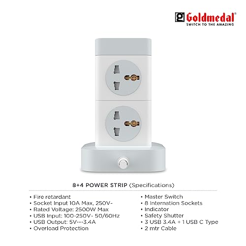 Goldmedal 360 Degree Power Strip (White) Pack Of 1, 6-Outlet International Sockets, 3-Pin 2 Meter Cable, Master Switch With Led Light Indicator And Overload Protector For Home & Office,240Volts Goldmedal 360 Degree Power Strip (White) Pack Of 1, 6-Outlet International Sockets, 3-Pin 2 Meter Cable, Master Switch With Led Light Indicator And Overload Protector For Home & Office,240Volts
