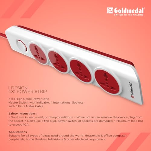 Goldmedal 360 Degree Power Strip (White) Pack Of 1, 6-Outlet International Sockets, 3-Pin 2 Meter Cable, Master Switch With Led Light Indicator And Overload Protector For Home & Office,240Volts Goldmedal 360 Degree Power Strip (White) Pack Of 1, 6-Outlet International Sockets, 3-Pin 2 Meter Cable, Master Switch With Led Light Indicator And Overload Protector For Home & Office,240Volts