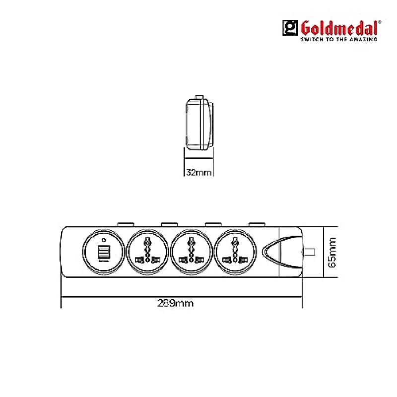 Goldmedal 360 Degree Power Strip (White) Pack Of 1, 6-Outlet International Sockets, 3-Pin 2 Meter Cable, Master Switch With Led Light Indicator And Overload Protector For Home & Office,240Volts