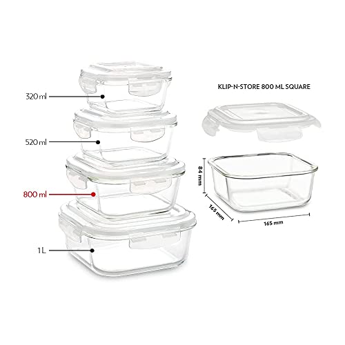 Borosil Klip N Store Glass Storage Container For Kitchen With Air-Tight Lid Square, 800 ml, Clear Borosil Klip N Store Glass Storage Container For Kitchen With Air-Tight Lid Square, 800 ml, Clear