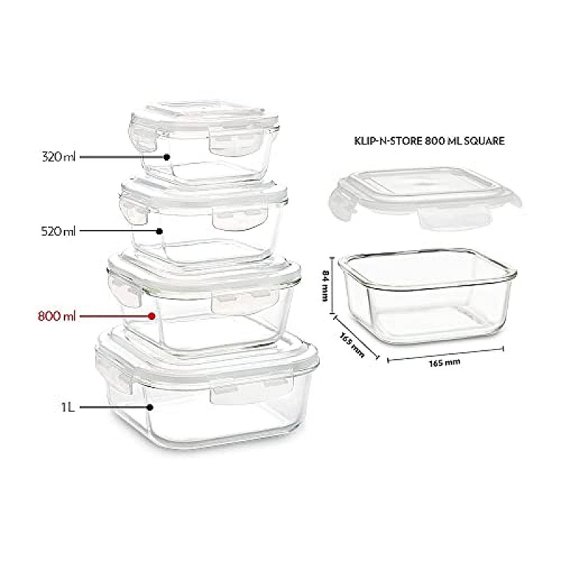 Borosil Klip N Store Glass Storage Container For Kitchen With Air-Tight Lid Square, 800 ml, Clear