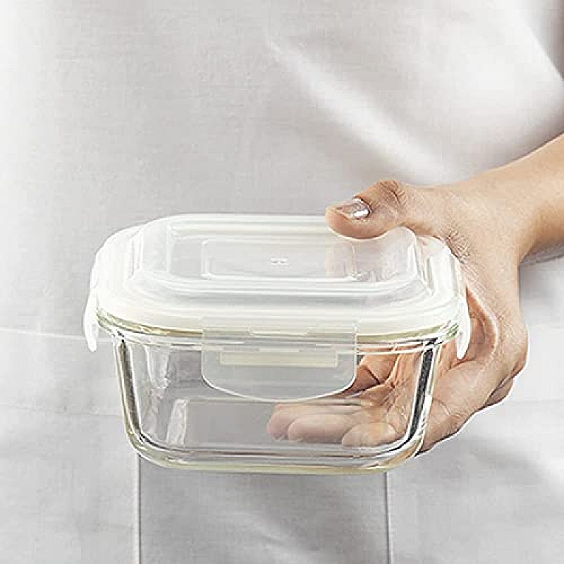 Borosil Klip N Store Glass Storage Container For Kitchen With Air-Tight Lid Square, 800 ml, Clear