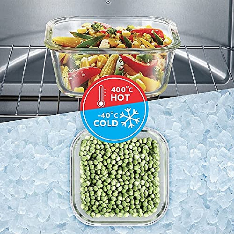 Borosil Klip N Store Glass Storage Container For Kitchen With Air-Tight Lid Square, 800 ml, Clear