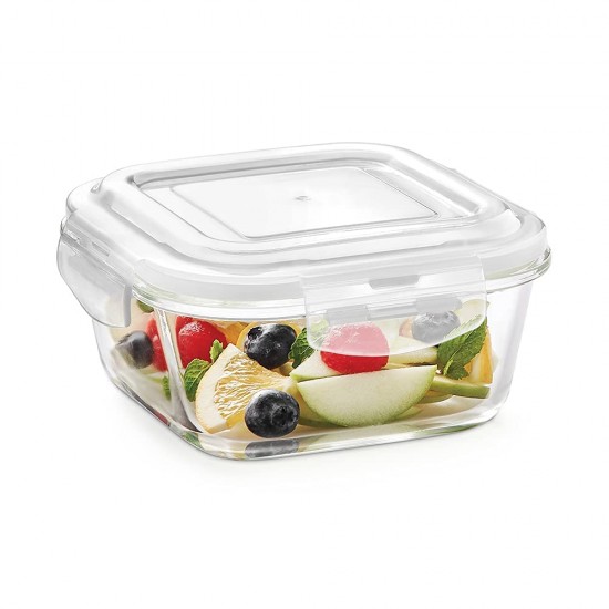 Borosil Klip N Store Glass Storage Container For Kitchen With Air-Tight Lid Square, 800 ml, Clear