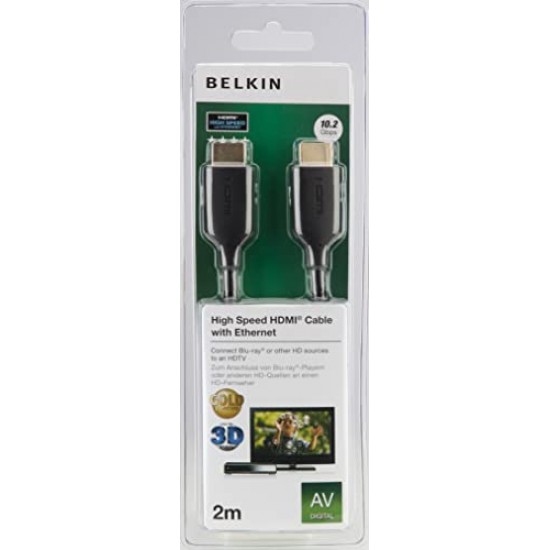 Belkin 2 Meter High-Speed Gold-Plated HDMI Cable, Supports 3D, 4K, 1080p, Audio Return and Ethernet for TV - Black