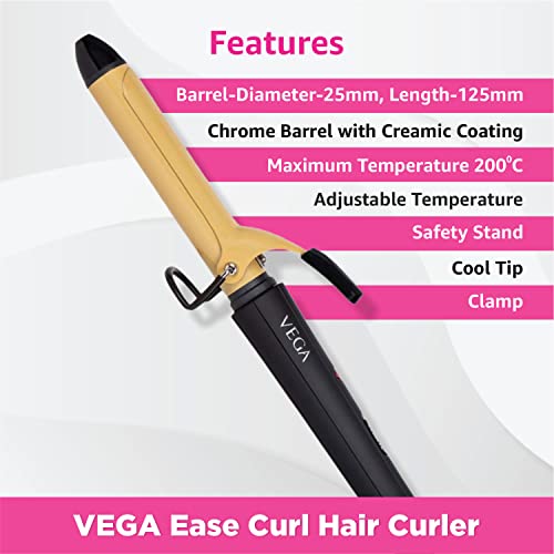 VEGA Ease Curl 25 mm Barrel Hair Curler With Ceramic Coated Plates, (VHCH-02, Beige) VEGA Ease Curl 25 mm Barrel Hair Curler With Ceramic Coated Plates, (VHCH-02, Beige)