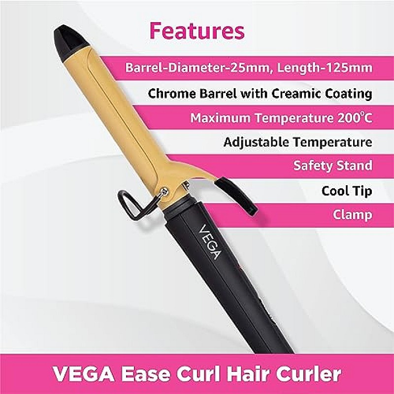 VEGA Ease Curl 19 mm Barrel Hair Curler With Ceramic Coated Plates, (VHCH-01), Beige