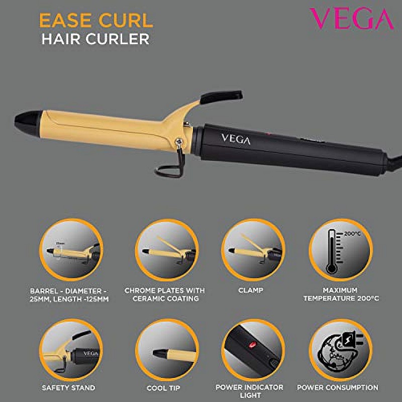 VEGA Ease Curl 19 mm Barrel Hair Curler With Ceramic Coated Plates, (VHCH-01), Beige