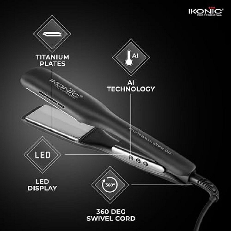 Ikonic Pro Titanium Shine Hair Straightener Black with AI Technology, Professional Dual Titanium Floating Plates, Auto Shut off function