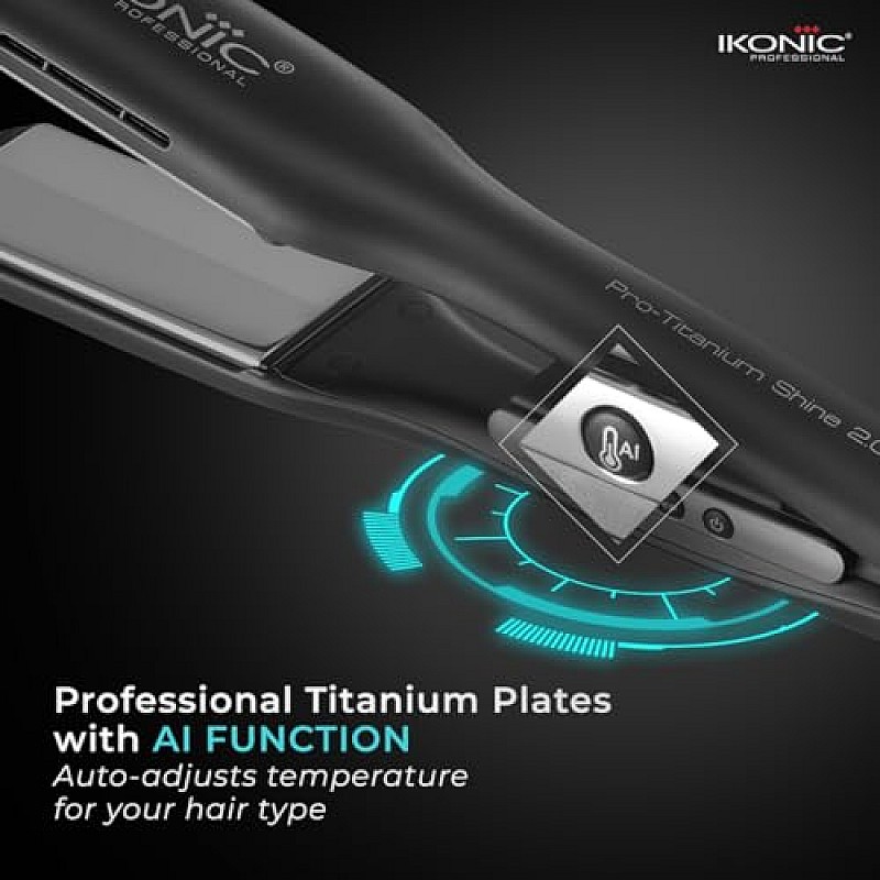 Ikonic Pro Titanium Shine Hair Straightener Black with AI Technology, Professional Dual Titanium Floating Plates, Auto Shut off function