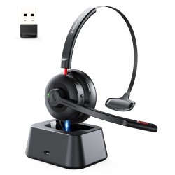 Tribit Wireless Headset with Mic, Bluetooth 5.0 AI Noise Cancelling On Ear Headphones, Business Headset with USB Dongle, Black