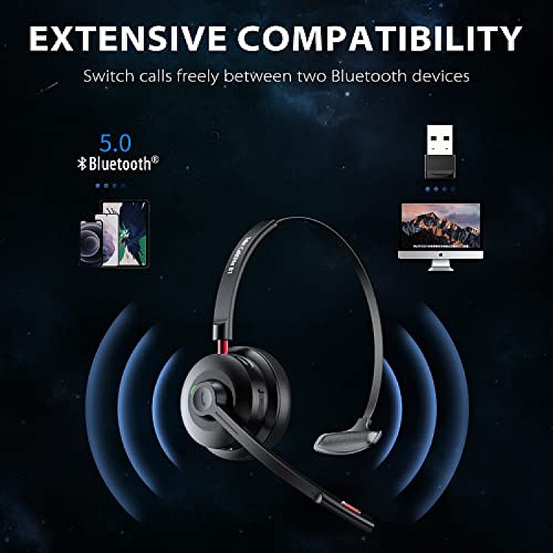 Tribit Wireless Headset with Mic, Bluetooth 5.0 AI Noise Cancelling On Ear Headphones, Business Headset with USB Dongle, Black