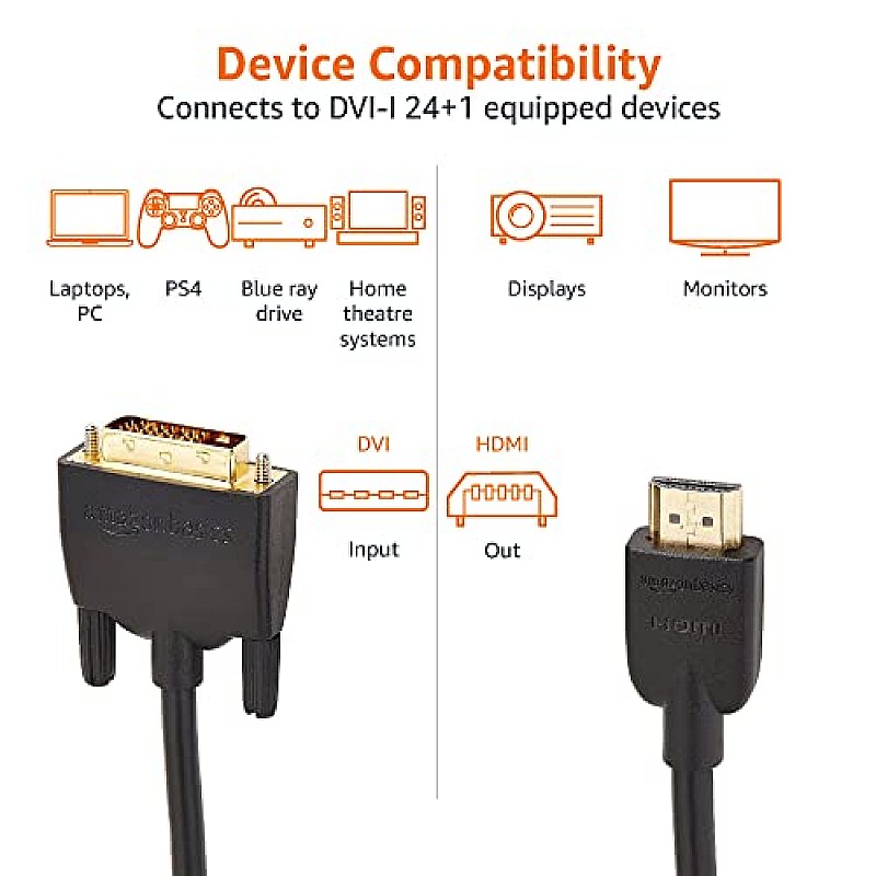 Amazon Basics HL-007347 HDMI Input to DVI Output (Not VGA) Adapter Cable, 6 Feet, Black