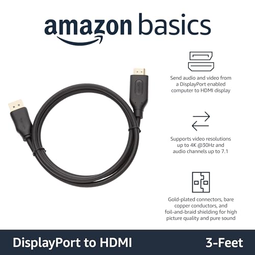 Amazon Basics Uni-Directional DisplayPort to HDMI Video Display Cable, 4K@30Hz - 3 Feet, Black Amazon Basics Uni-Directional DisplayPort to HDMI Video Display Cable, 4K@30Hz - 3 Feet, Black