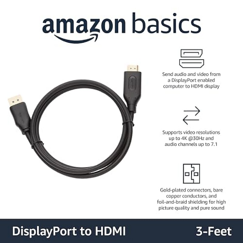 Amazon Basics Uni-Directional DisplayPort to HDMI Video Display Cable, 4K@30Hz - 3 Feet, Black 