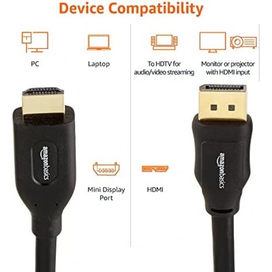 Amazon Basics DisplayPort to HDMI Display Cable, Uni-Directional, Gold-Plated Plugs, 25 Foot