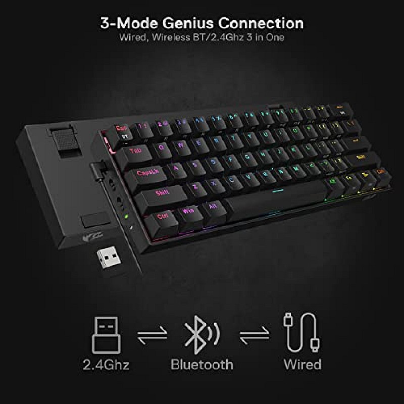 Redragon K530 Pro Draconic 60% RGB Mechanical Gaming Keyboard, Bluetooth 2.4Ghz Wired 3-Mode 61 Keys Compact Black