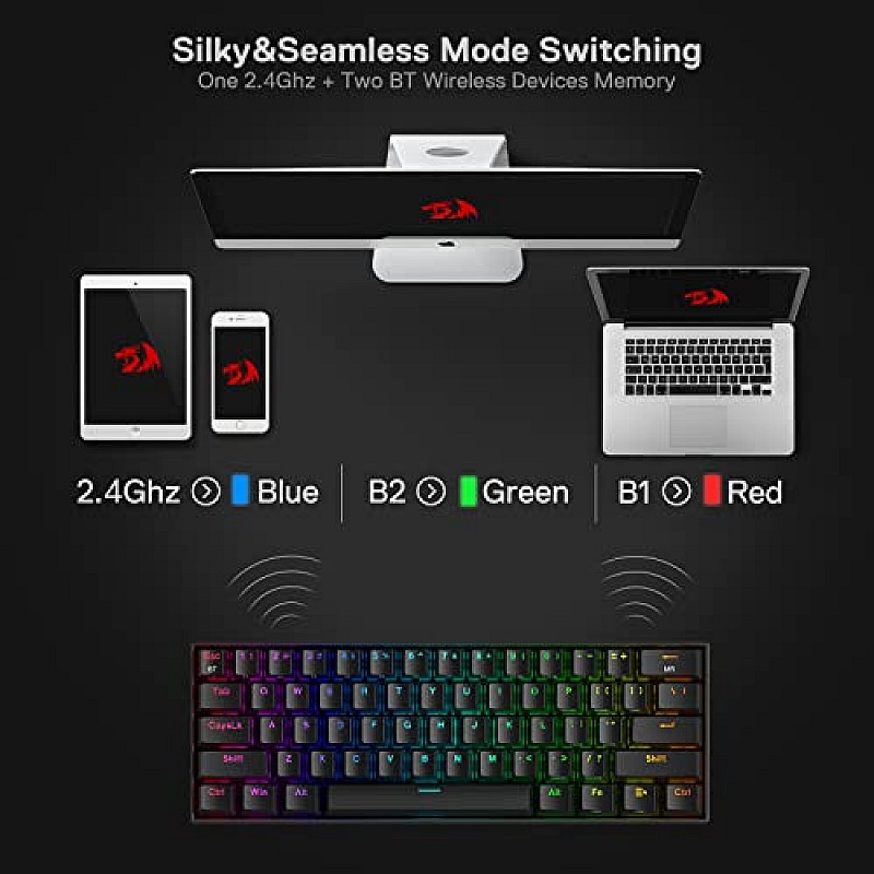 Redragon K530 Pro Draconic 60% RGB Mechanical Gaming Keyboard, Bluetooth 2.4Ghz Wired 3-Mode 61 Keys Compact Black