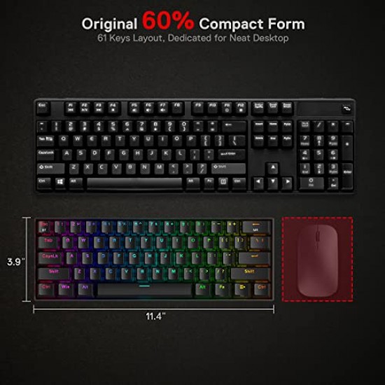 Redragon K530 Pro Draconic 60% RGB Mechanical Gaming Keyboard, Bluetooth 2.4Ghz Wired 3-Mode 61 Keys Compact Black