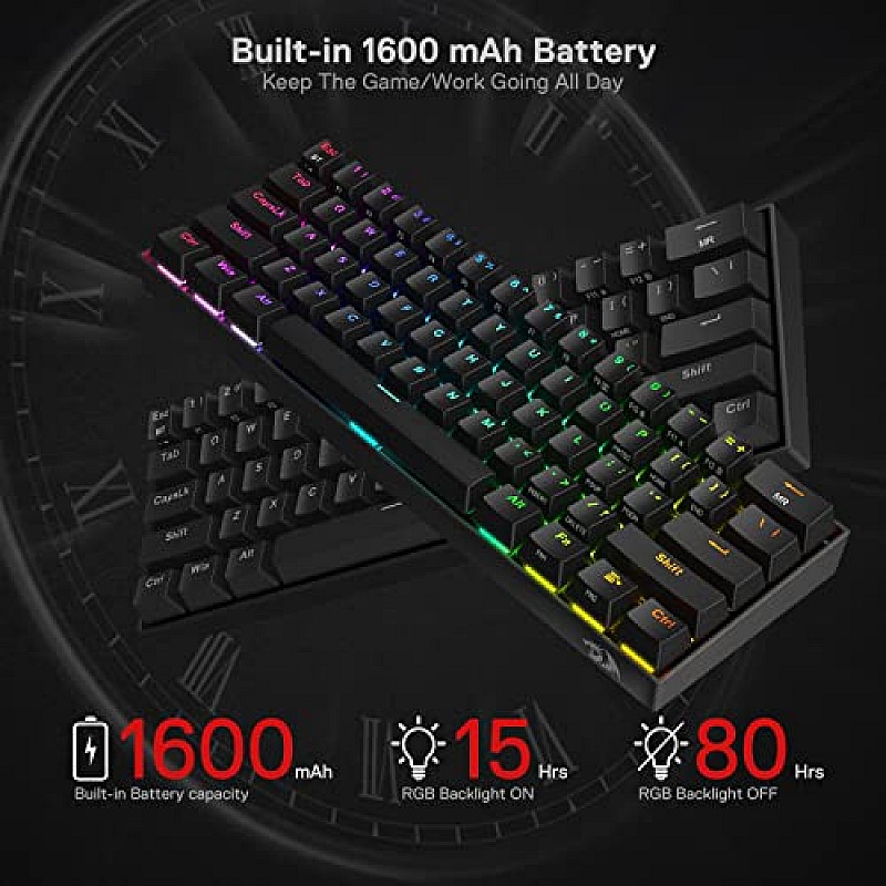 Redragon K530 Pro Draconic 60% RGB Mechanical Gaming Keyboard, Bluetooth 2.4Ghz Wired 3-Mode 61 Keys Compact Black