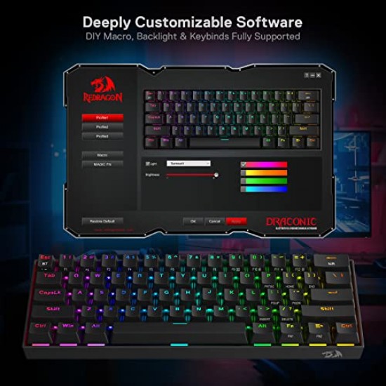 Redragon K530 Pro Draconic 60% RGB Mechanical Gaming Keyboard, Bluetooth 2.4Ghz Wired 3-Mode 61 Keys Compact Black
