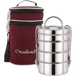 neelam Stainless Steel Dura Hot Food Carrier 4 Tier 8 Inch Big Container Lunch Box with Insulated Carry Bag, Silver
