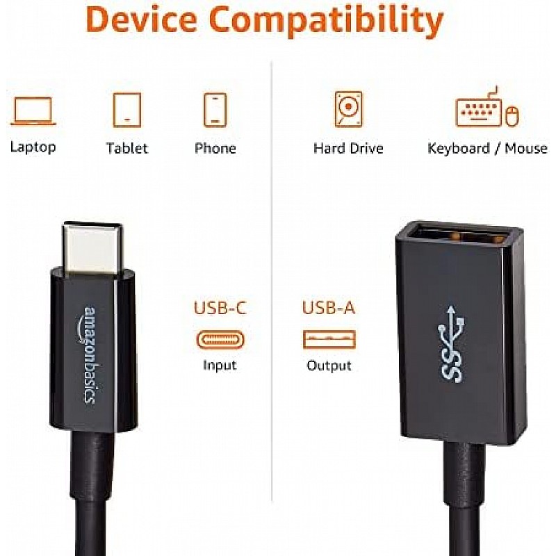 Amazon Basics USB-C to USB-A 3.1 Gen1 Female Adapter Cable Converter, 5Gbps High-Speed, USB-IF Certified, for Laptops, Tablets,Black