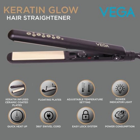 VEGA Trendy Hair Straightener With Adjustable Temperature And Floating Ceramic Coated Plates (Vhsh-16),Multicolor