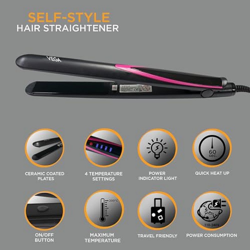 VEGA Trendy Hair Straightener With Adjustable Temperature And Floating Ceramic Coated Plates (Vhsh-16),Multicolor