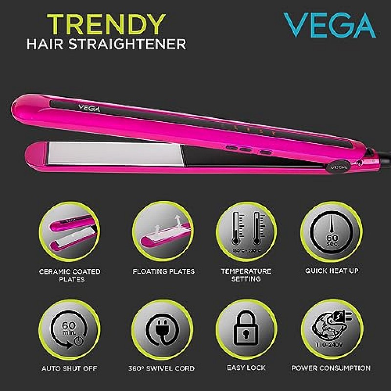 VEGA Trendy Hair Straightener With Adjustable Temperature And Floating Ceramic Coated Plates (Vhsh-16),Multicolor