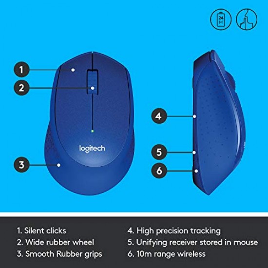 Logitech M331 Silent Plus Wireless Mouse, 2.4GHz with USB Nano Receiver, 1000 DPI Optical Tracking, 3 Buttons Blue
