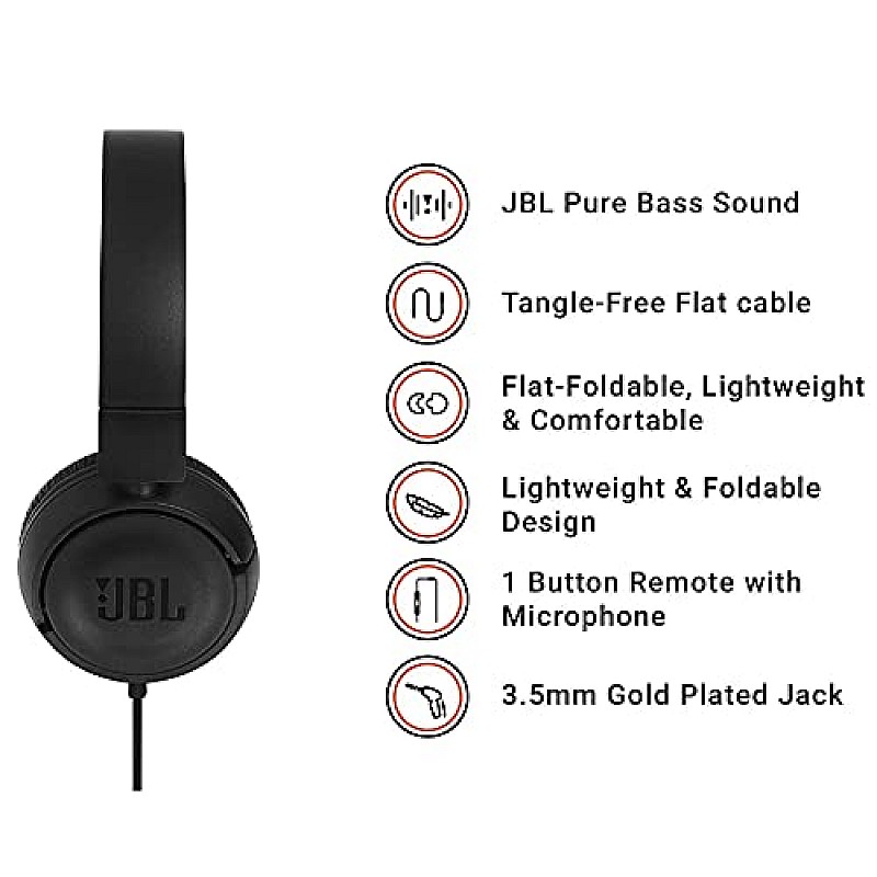 JBL T450 by Harman Extra Bass On-Ear Headphones with Mic (Black)