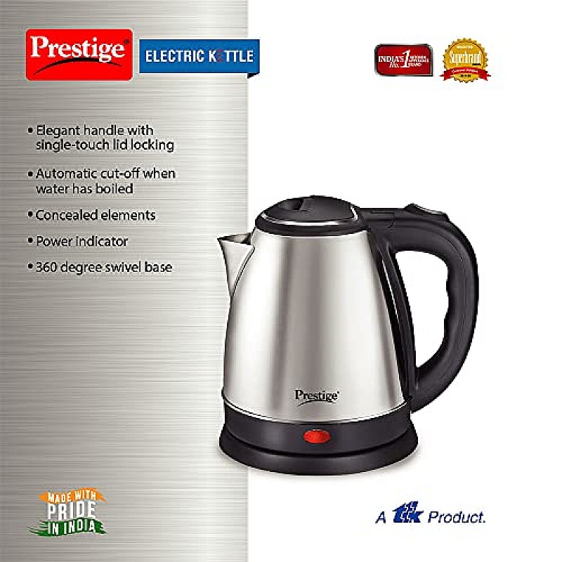 Prestige 1.8 Litres Electric Kettle (PKOSS 1.8) 1500W Silver - Black Automatic Cut-off 