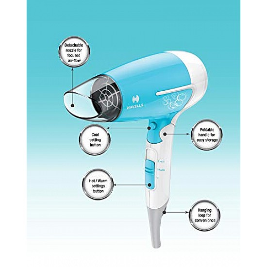 Havells Hd3151 1200 Watts Foldable Hair Dryer 3 Heat Setting Blue