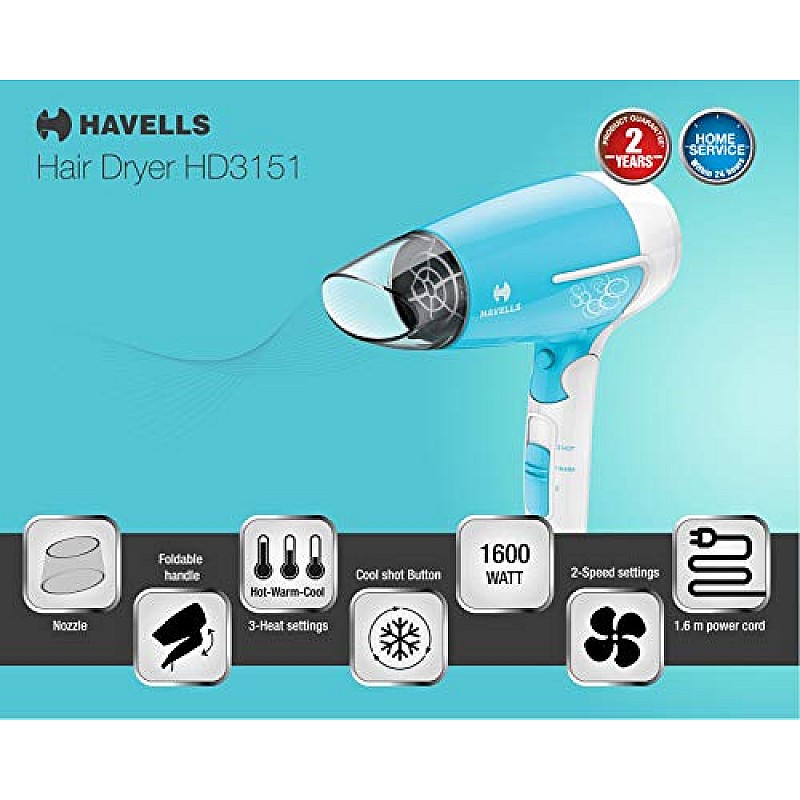 Havells  Hd3151 1200 Watts Foldable Hair Dryer 3 Heat Settings With Cool Shot  Heat Balance Technology 