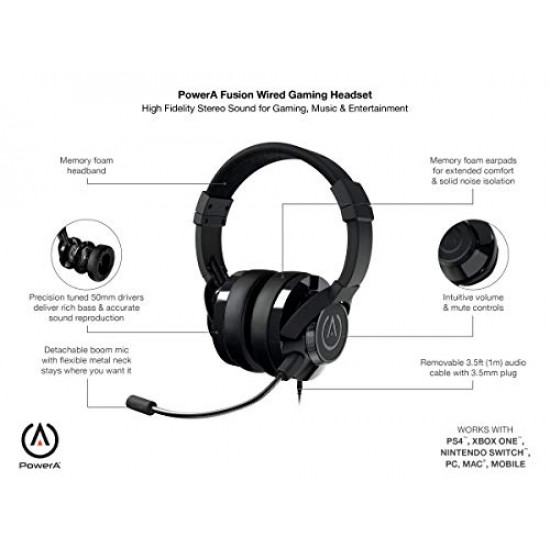 PowerA FUSION Wired Stereo Gaming Headset with Mic for PlayStation 4 (PS4), Xbox, Android, and iOS (Black)