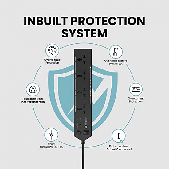 Portronics Power Plate II Extension Board - 1500W - 3 USB Ports, 3 Power Sockets, Overload Protection, Eco-Friendly, 2M Cord Length(Black)