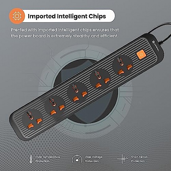 Portronics Power Plate II Extension Board - 1500W - 3 USB Ports, 3 Power Sockets, Overload Protection, Eco-Friendly, 2M Cord Length(Black)