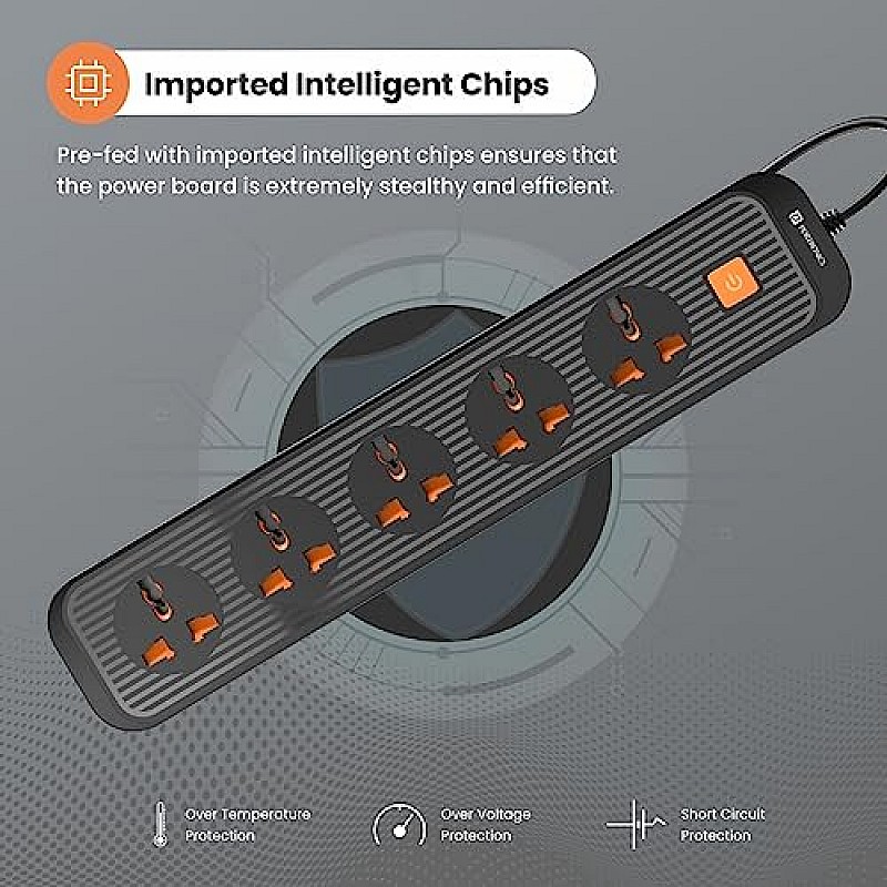 Portronics Power Plate II Extension Board - 1500W - 3 USB Ports, 3 Power Sockets, Overload Protection, Eco-Friendly, 2M Cord Length(Black)