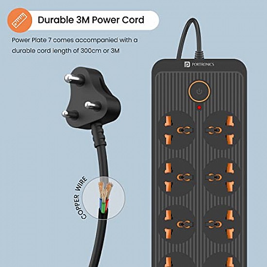 Portronics Power Plate II Extension Board - 1500W - 3 USB Ports, 3 Power Sockets, Overload Protection, Eco-Friendly, 2M Cord Length(Black)