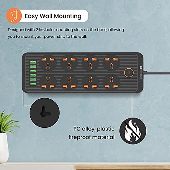 Portronics Power Plate II Extension Board - 1500W - 3 USB Ports, 3 Power Sockets, Overload Protection, Eco-Friendly, 2M Cord Length(Black)