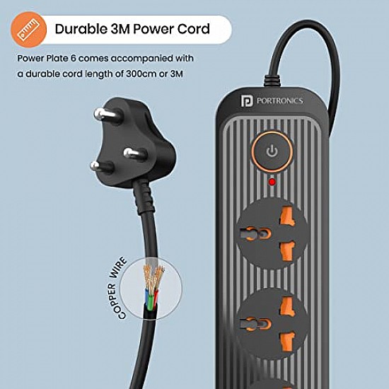 Portronics Power Plate II Extension Board - 1500W - 3 USB Ports, 3 Power Sockets, Overload Protection, Eco-Friendly, 2M Cord Length(Black)