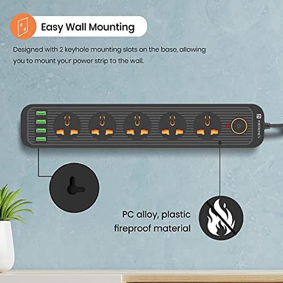 Portronics Power Plate II Extension Board - 1500W - 3 USB Ports, 3 Power Sockets, Overload Protection, Eco-Friendly, 2M Cord Length(Black)